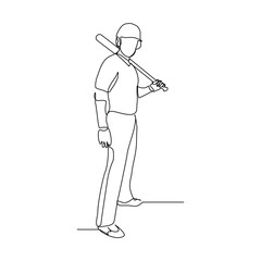 Continuous line drawing of male baseball professional player athlete holding baseball stick and wearing helmet and uniform. Vector illustration single line sketch editable stroke