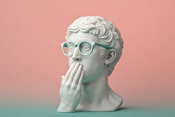 Classical marble bust wearing glasses with surprised expression and hand over mouth on pastel background