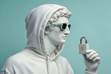 Classical marble bust in hoodie and sunglasses holding modern padlock on blue background, concept of digital security