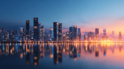 Fototapeta premium 3D Rendering of city scape. Large tall buildings and glowing signs reflection on river. View from dock port. For business product advertising technology transport background. 16547817 1