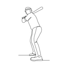 Continuous line drawing of male baseball professional player athlete holding baseball stick and wearing helmet and uniform. Vector illustration single line sketch editable stroke