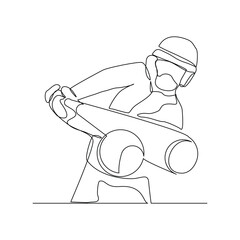 Continuous line drawing of male baseball professional player athlete holding baseball stick and wearing helmet and uniform. Vector illustration single line sketch editable stroke