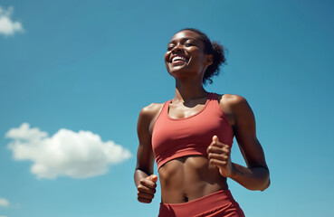 Young black woman athlete smiling during run, fitness training. Happy runner enjoys outdoor workout, marathon prep on sunny summer day with blue sky. Female sports model.
