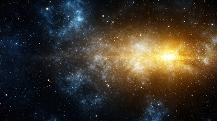 Naklejka premium Stunning cosmic scene featuring faint golden sparkles floating through vast blackness of space