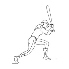 Continuous line drawing of female baseball professional player athlete holding baseball stick and wearing helmet and uniform. Vector illustration single line sketch editable stroke