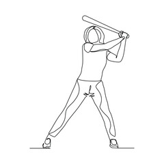 Continuous line drawing of female baseball professional player athlete holding baseball stick and wearing helmet and uniform. Vector illustration single line sketch editable stroke