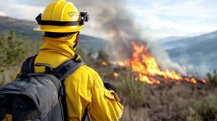Naklejka premium Firefighter battling wildfire in scorched landscape, showcasing bravery and determination