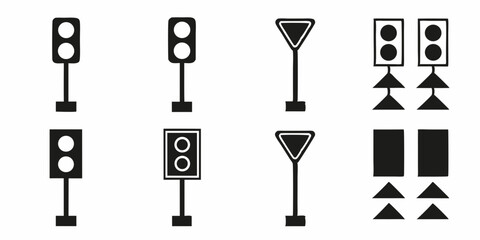 Illustration of traffic lights, yield signs, and railway signals in black and white design style