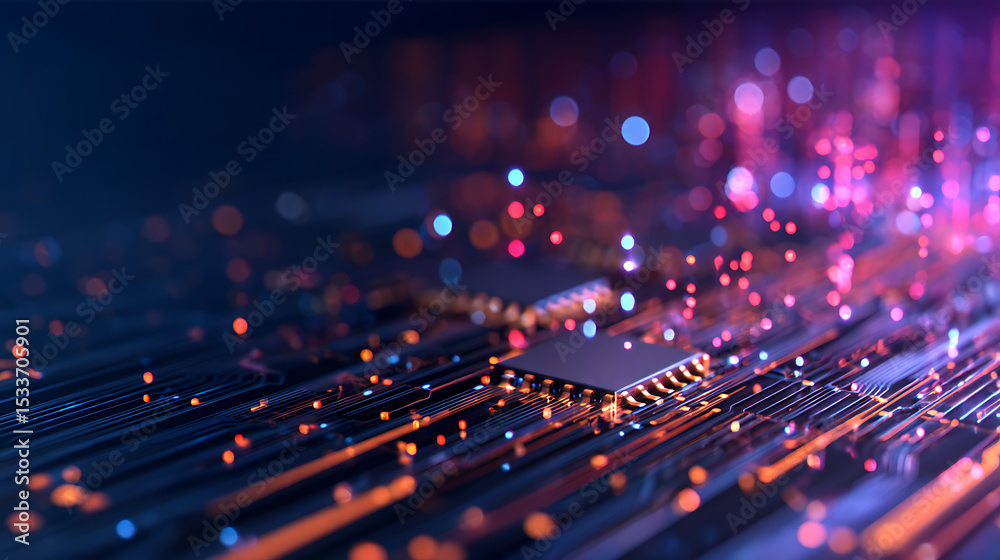 Fototapete 3d rendering of abstract technology background. ultra wide screen wallpaper. computer circuit dots a