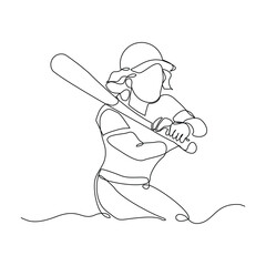 Continuous line drawing of female baseball professional player athlete holding baseball stick and wearing helmet and uniform. Vector illustration single line sketch editable stroke