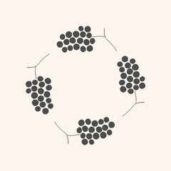 Vector icon logo with sketch Grapes. Hand drawn frame border with bunch Grapevine berries in silhouette. Design template for food, dry raisins, dessert, harvest fruit. For card, print, wrapping
