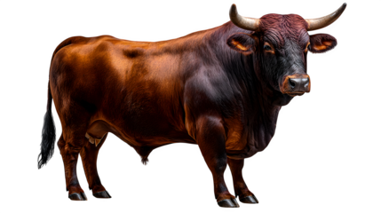 Brown bull in full side profile with visible horns and muscular build, standing firm, isolated on transparent background