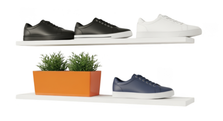 Footwear on minimalist shelves with planter