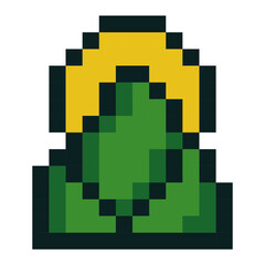 Pixel art icon of green mountains with a bright yellow sun in the background, evoking sunrise or sunset. Perfect for travel, nature exploration, hiking themes, retro gaming or pixel based landscape