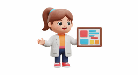 A cartoon female scientist or doctor wearing a lab coat holding a presentation board.