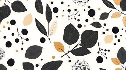 Botanical abstract pattern with black and beige leaves and dotted shapes on white background