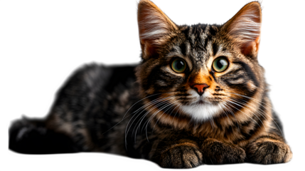 Brown tabby cat sitting in side view with tail curled forward, relaxed posture, isolated on transparent background