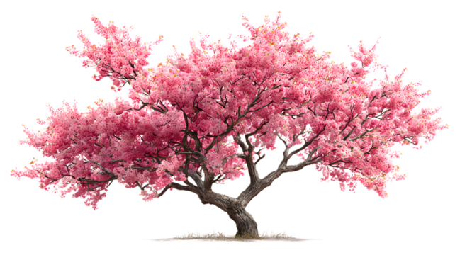 Majestic cherry blossom tree in full bloom displaying vibrant pink flowers and elegant branch structure depicting spring season beauty