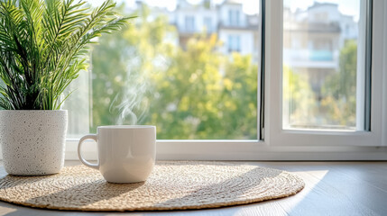 Freshly brewed coffee steaming beside potted plant by window creates cozy atmosphere