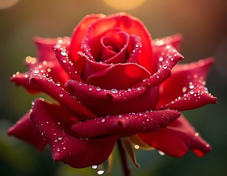 Closeup of dew drops on a red rose at sunset