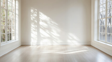 Fototapeta premium Bright empty room with large windows casting shadows on floor, creating serene atmosphere