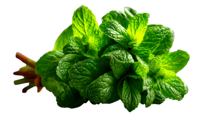 Bunch of fresh mint leaves with stem, natural green tones, angled side view, isolated on transparent background