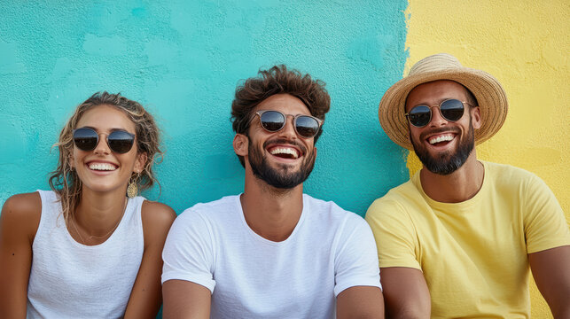Bright smiles and stylish sunglasses enhance this vibrant scene of friends enjoying sunny day