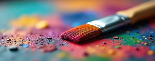 Obraz premium A close-up shot of a paintbrush resting on a vibrant, colorful palette, ready for artistic creation The bristles are slightly splayed, suggesting recent use , craft, details, acrylic paint