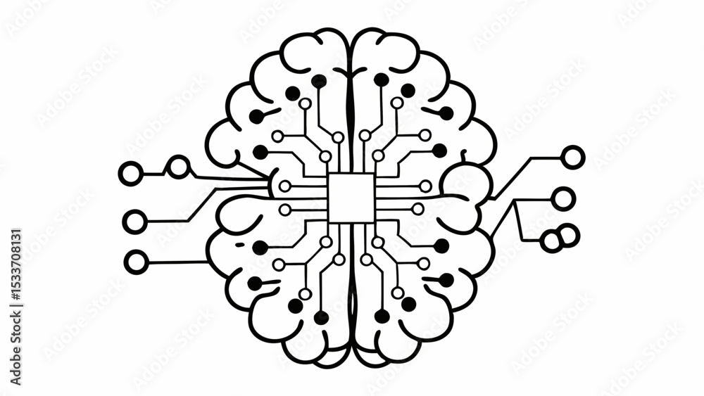 Poster artificial intelligence brain with circuit board connections in black and white design created with 