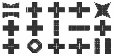 Obraz premium Collection of geometric shapes including plus signs rectangles and polygons with grid like patterns design