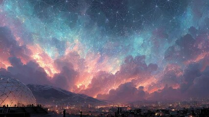 Spectacular sky over futuristic city skyline with geodesic dome structure at dusk - Powered by Adobe
