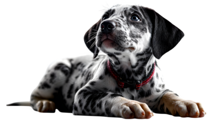 Dalmatian puppy sitting on two back legs in side profile, full body view with tail and ears visible, looking slightly upward, isolated on pure white background