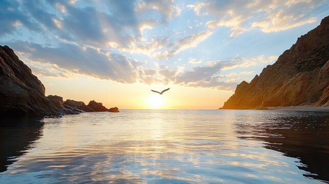 Serene sunset over calm waters, with bird soaring above rocky cliffs