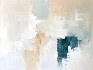 Fototapeta premium Abstract oil painting with white, beige, and blue brush strokes on canvas