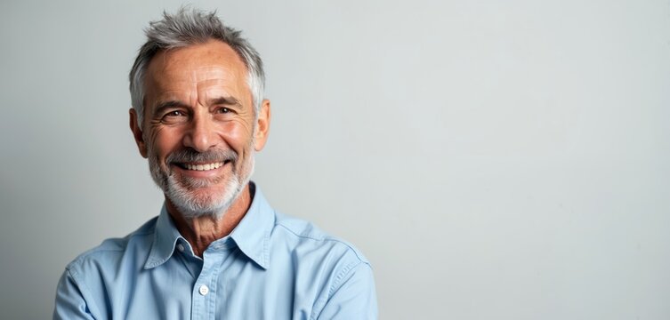 Smiling handsome senior man with grey hair. Happy mature male with healthy smile. Old model in blue shirt, natural light, neutral background. Active old age, dating for elderly. - Powered by Adobe