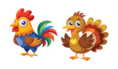 Cartoon rooster and turkey illustration