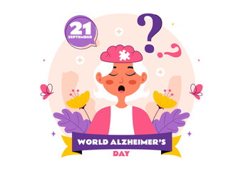 World Alzheimer's Day Vector Illustration featuring an Elderly and a Brain Jigsaw Puzzle Symbolizing Memories on a Purple Ribbon in a Flat Background