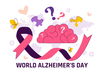 World Alzheimer's Day Vector Illustration featuring an Elderly and a Brain Jigsaw Puzzle Symbolizing Memories on a Purple Ribbon in a Flat Background