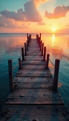 Obraz premium A rustic wooden pier stretches out over calm, blue water, bathed in the warm glow of sunset Ideal for travel, vacation, or coastal themed projects Serene and tranquil scene , wooden, landscape