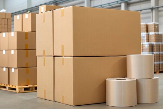 Photo of stacked cardboard boxes and rolls of packing paper in a warehouse, ready for shipping - Powered by Adobe