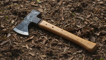 Axe lying on ground with dry leaves