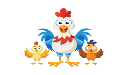 Happy rooster with two cute baby chicks