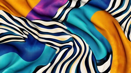 Colorful abstract fabric with wavy patterns in blue, orange, purple, and black stripes. 