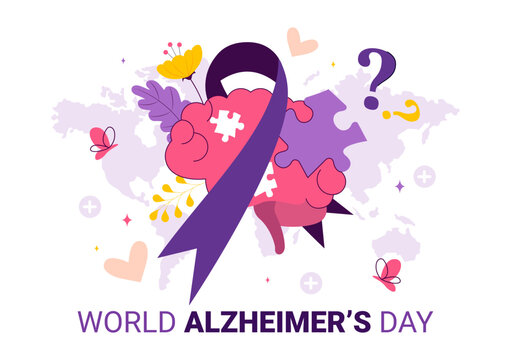 World Alzheimer's Day Vector Illustration featuring an Elderly and a Brain Jigsaw Puzzle Symbolizing Memories on a Purple Ribbon in a Flat Background