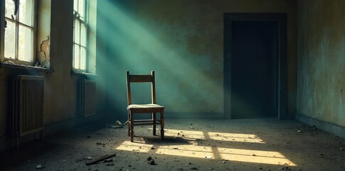 A single, broken chair lies abandoned in a desolate, dimly lit room Dust motes dance in a shaft of light, highlighting the damage and emphasizing the isolation of the scene , greyscale, despair, dark