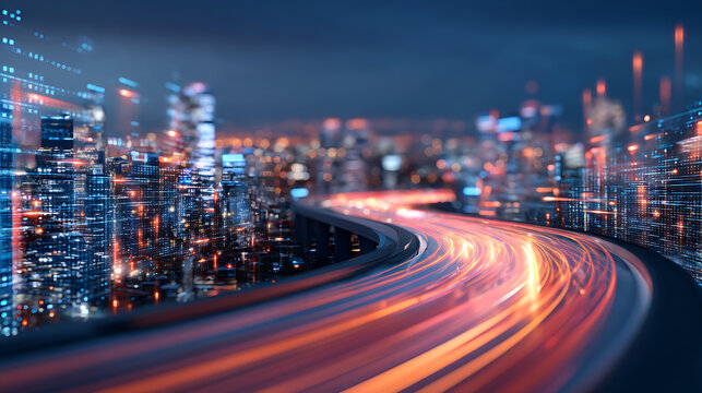 3D Rendering of trail lights from highway and light reflection from buildings in mega city at night. Concept of technology background cyberpunk fin tech big data 5g fast network AI 72585525 1