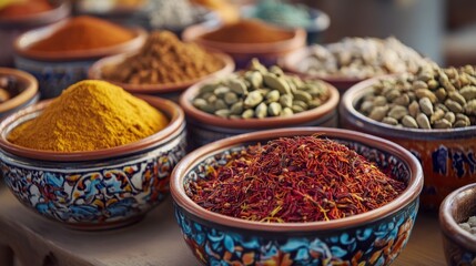 Colourful spices in decorative bowls arranged on a table. Turmeric, saffron and seeds are on display. The scene showcases culinary diversity and culture.