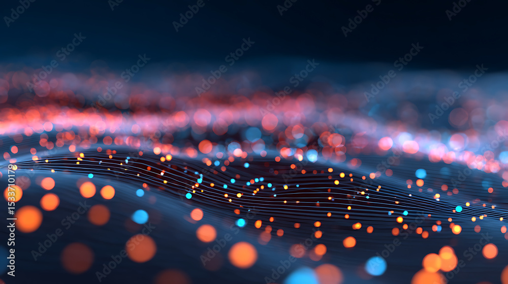 Poster 3d rendering of abstract dots waves selective focus background. for deep machine learning crypto cur