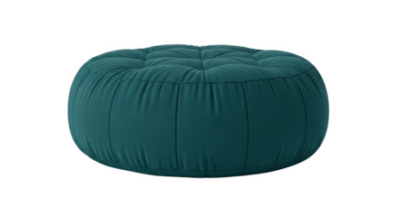A plush, tufted, teal-colored pouf on a black background evokes comfort and relaxation subtly.