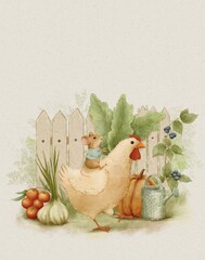Watercolor Mouse and Hen in a Garden Scene